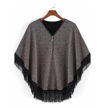 Grey Women Zipper Cape Poncho