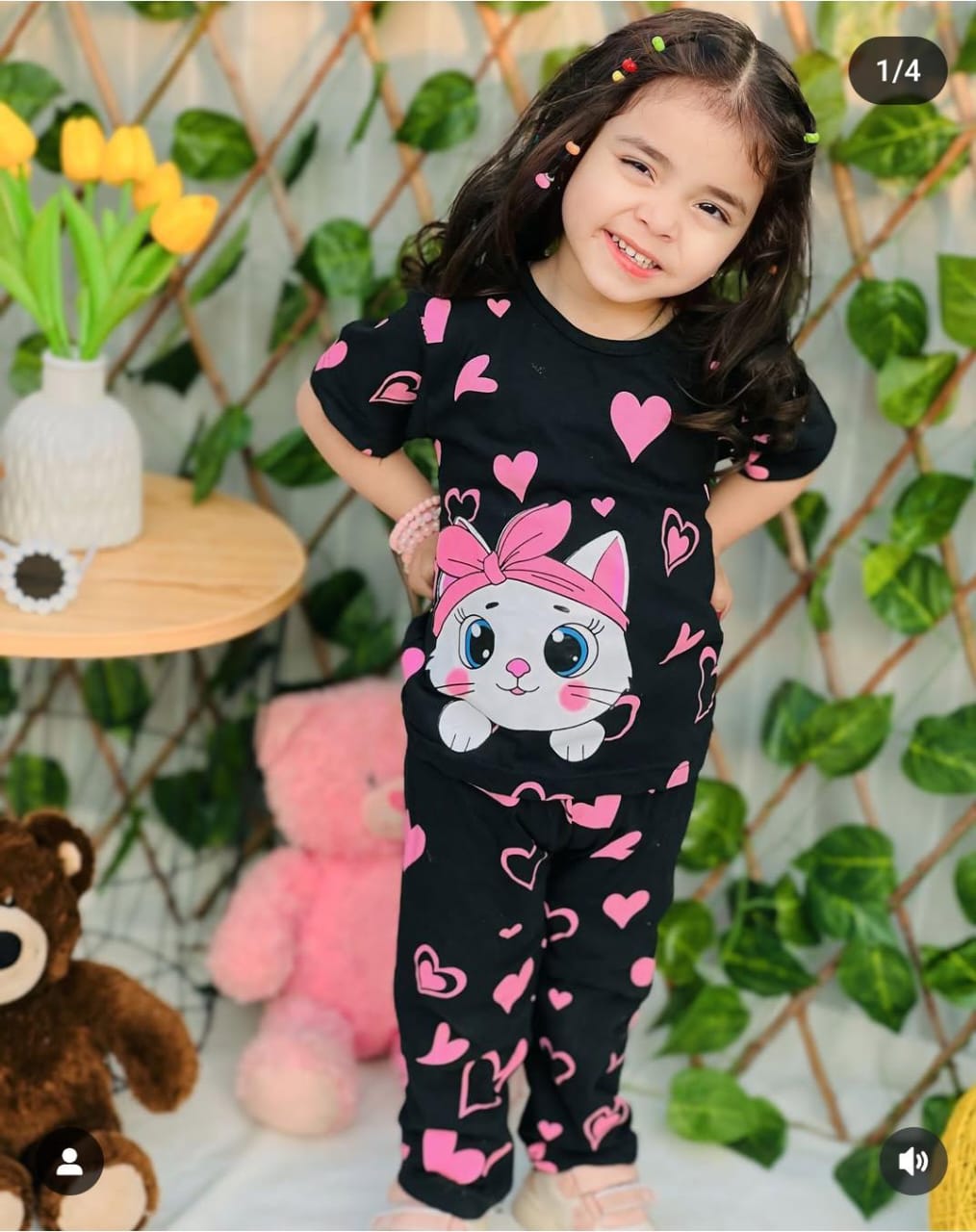 Black Kitty With Pink Hearts Printed Kids Wear