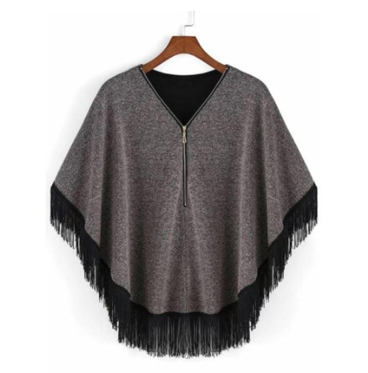 Grey Women Zipper Cape Poncho