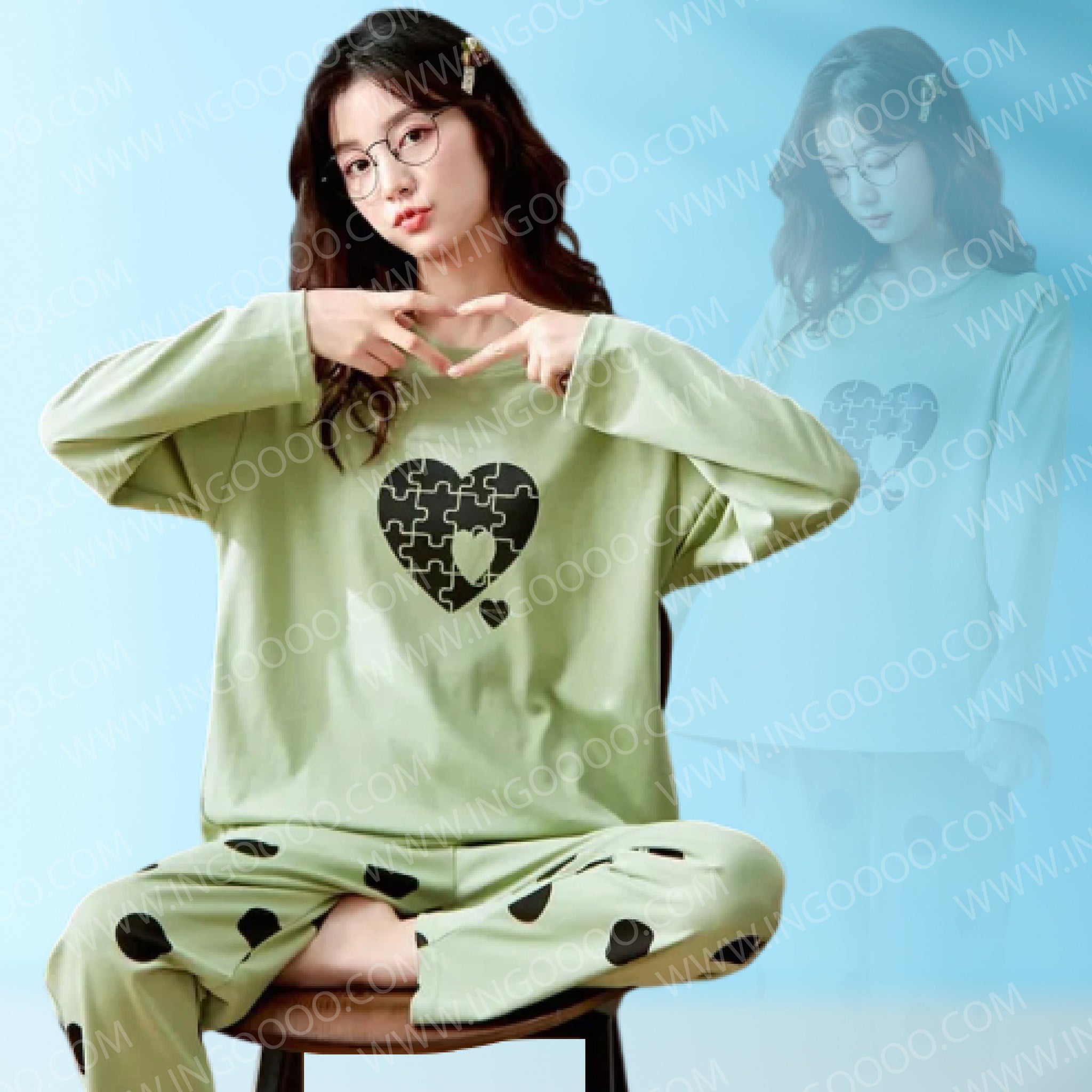 Green Heart Puzzle Ladies Nightsuit
