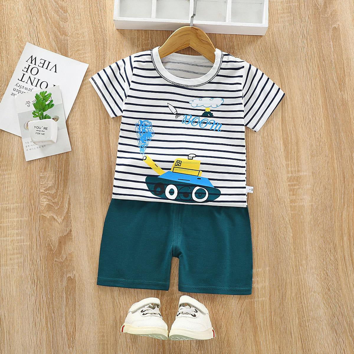 203- Green White Tank  Print Kids Short